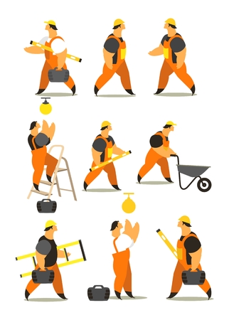 set characters of men dressed in working clothes in different poses on a white backgroundのイラスト素材