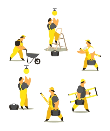 set characters of men dressed in working clothes in different poses on a white backgroundのイラスト素材