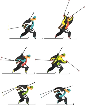 Biathlon athletes set of characters in different poses on a white backgroundのイラスト素材
