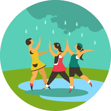 childhood children playing in the meadow in the rain round emblemのイラスト素材