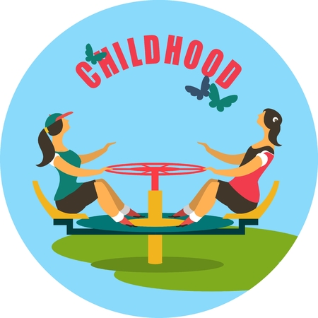 childhood children play on the playground. spinning on the carousel round emblemのイラスト素材