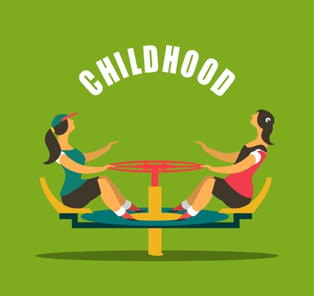 childhood children play on the playground. spinning on the carousel round emblemのイラスト素材