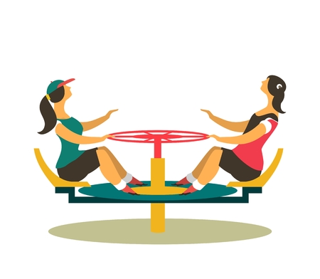 childhood children play on the playground. spinning on the carousel round emblemのイラスト素材