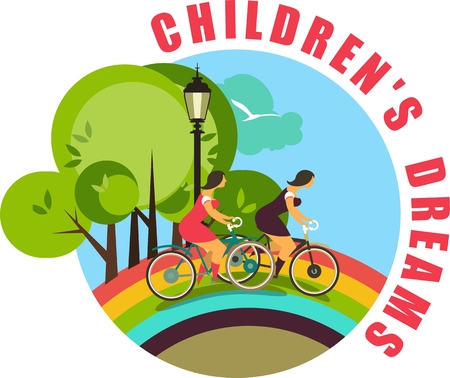 stylized characters are two girls riding a bicycle on a rainbow round emblemのイラスト素材