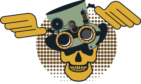 Steam punk illustration of a human skull in a hat with mteallicheskimi details on a white backgroundのイラスト素材
