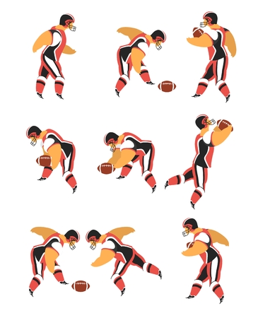 set characters of athletes American football players on a white background in various poses with ballのイラスト素材