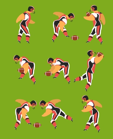 set characters of athletes American football players on a  in various poses with ballのイラスト素材