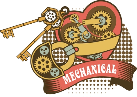 illustration of a mechanical heart closed on the lock and a number of keys hanging of a variety of metal parts Steam punkのイラスト素材