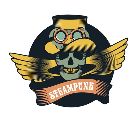 Steam punk illustration of a human skull in a hat with mteallicheskimi details on a white backgroundのイラスト素材