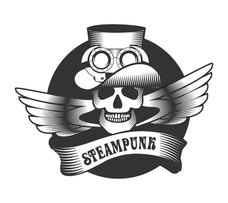 Steam punk illustration of a human skull in a hat with mteallicheskimi details on a white backgroundのイラスト素材