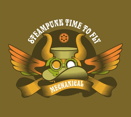 Graphical badge Steampunk hat with horns adorned banners and ribbonsのイラスト素材