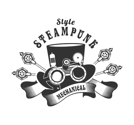 illustration Steampunk hat with mechanical protective goggles and a magnifying glassのイラスト素材