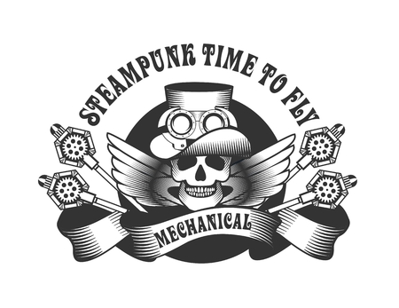 black and white badge Steampunk skull with wings hatのイラスト素材