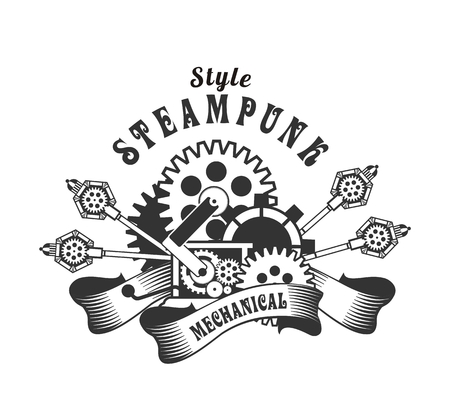 Vector Steampunk mechanical elements and rotating parts in a rectangular shape badgeのイラスト素材