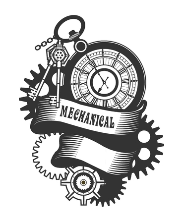 Vector Steampunk mechanical clock and rotating parts in a rectangular shape badgeのイラスト素材