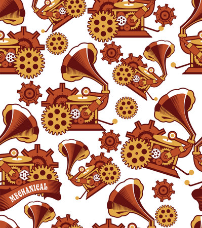 seamless pattern Steampunk mechanism with metal parts in the spare partsのイラスト素材