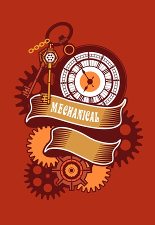 Vector Steampunk mechanical clock and rotating parts in a rectangular shape badgeのイラスト素材