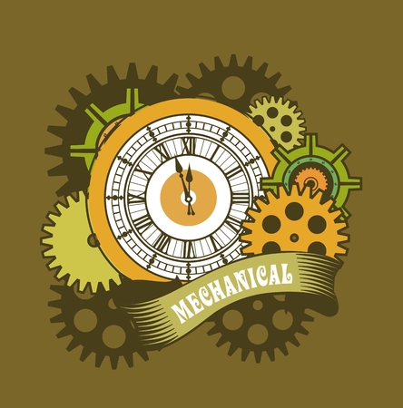 Vector Steampunk mechanical clock and rotating parts in a rectangular shape badgeのイラスト素材