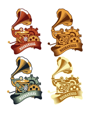 a set of mechanical elements gramophones Steampunk on a white backgroundのイラスト素材