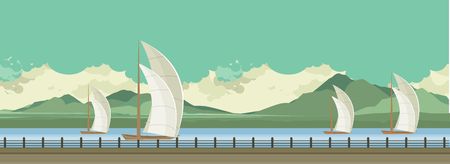 Horizontal vector illustration of sailboats on the water, floating on the river during the dayのイラスト素材