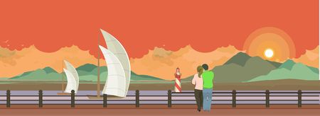 Horizontal vector illustration of the evening Pier is a couple in love and looking at the waterのイラスト素材