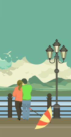 vector illustration of the vertical pier is a couple in love after rainのイラスト素材