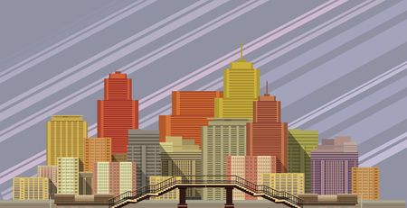 I stylized vector illustration of urban high-rise buildings on the background of stylized skyのイラスト素材