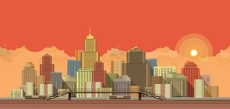 I stylized vector illustration of urban high-rise buildings on the background of stylized skyのイラスト素材