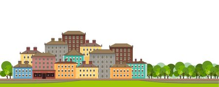 I stylized vector illustration of urban high-rise buildings backgroundのイラスト素材