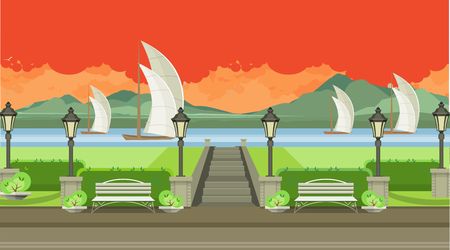 horizontal illustration night landscape river regatta and parkのイラスト素材