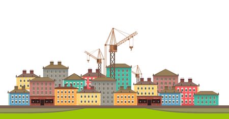 Horizontal vector illustration of cityscape on a white background with a liftable craneのイラスト素材