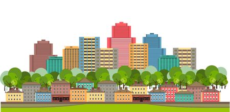 horizontal cityscape on a white background in a flat styleのイラスト素材