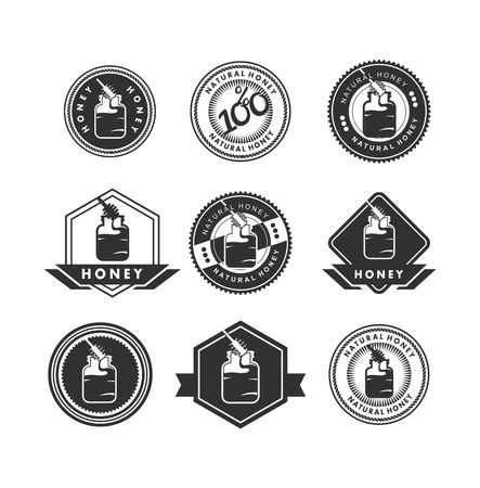 set of stylized emblems and badges honey theme in black and white colorsのイラスト素材