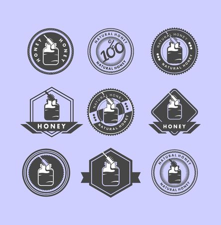 set of stylized emblems and badges honey theme in black and white colorsのイラスト素材