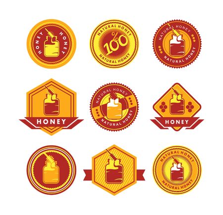 set of stylized emblems and badges honey theme on a white backgroundのイラスト素材