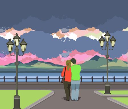 vector illustration of the evening Pier is a couple in love and looking at the waterのイラスト素材
