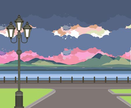 vector illustration Beautiful evening landscape on the river pierのイラスト素材