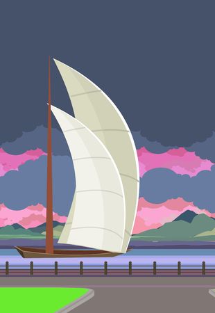 Vertical Vector illustration of sailboats on the water, floating on the river in the evening,のイラスト素材