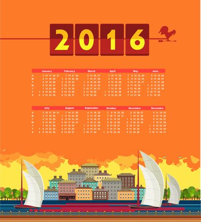 Vector illustration 2016 calendar with the image of evening city landscapeのイラスト素材