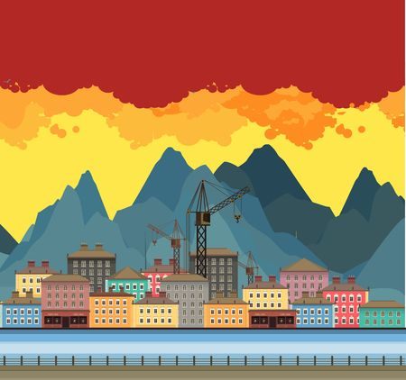 Vector illustration an evening panorama proud mountains in the background near the river in a flat styleのイラスト素材