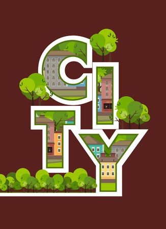 Vector vertical illustration of city emblem caps decorated with eco town housesのイラスト素材
