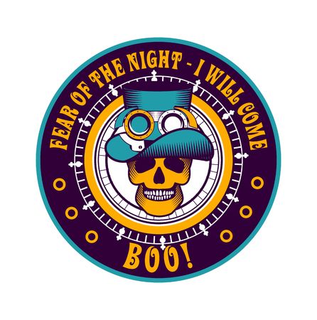 emblem of Halloween circular shape inside the skull and a sign around Halloween text in the style of steam punkのイラスト素材