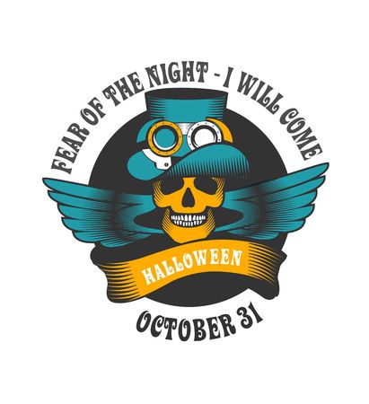 emblem of Halloween circular shape inside the skull and a sign around Halloween text  in the style of steam punkのイラスト素材