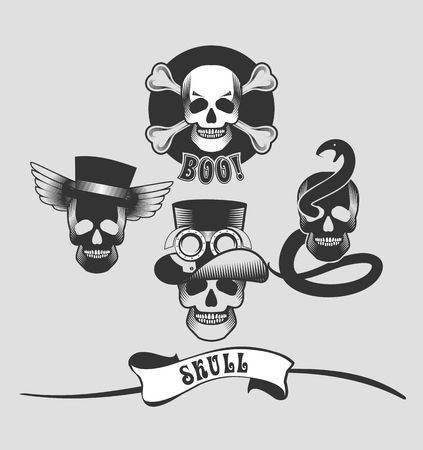 Set of halloween skull emblems, labels and designed elements in the style of steam punkのイラスト素材