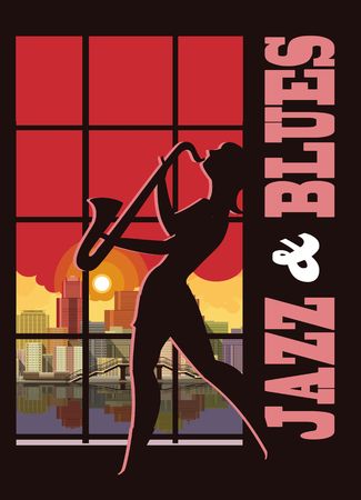 Abstract jazz. against the backdrop of the city at night silhouette of a girl playing the saxophoneのイラスト素材