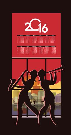 Abstract jazz. against the backdrop of the city at night silhouette of a girl playing the saxophone calendar 2016のイラスト素材