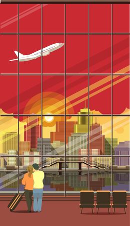 Vertical Vector illustration of airport lounge with large windows overlooking the city is a couple in loveのイラスト素材