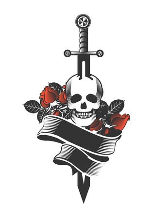 vector vintage emblem of a human skull and a sword, heraldry and symbolsのイラスト素材