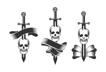 set vector vintage emblem of a human skull and a sword, heraldry and symbolsのイラスト素材