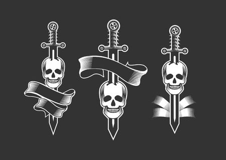 set vector vintage emblem of a human skull and a sword, heraldry and symbolsのイラスト素材